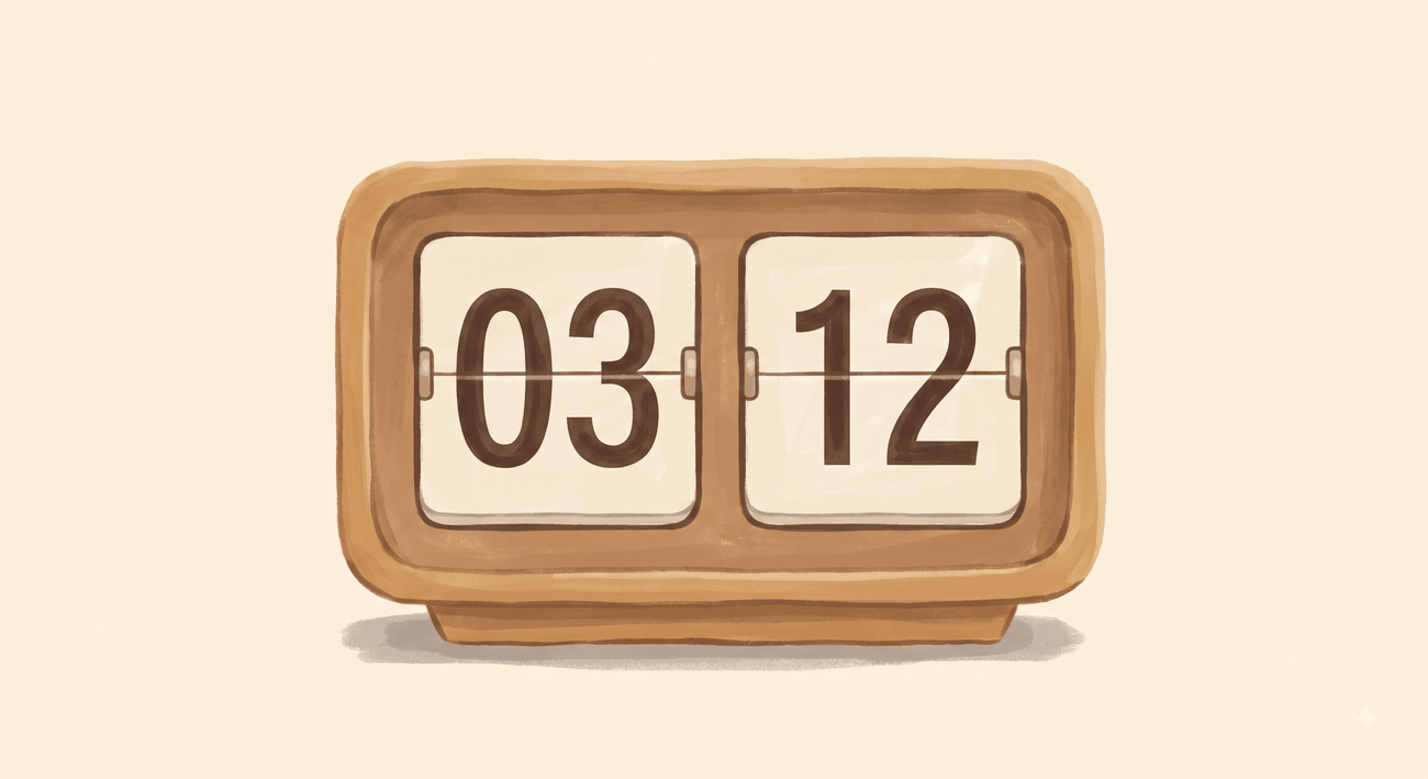 A flip clock reading 03:12